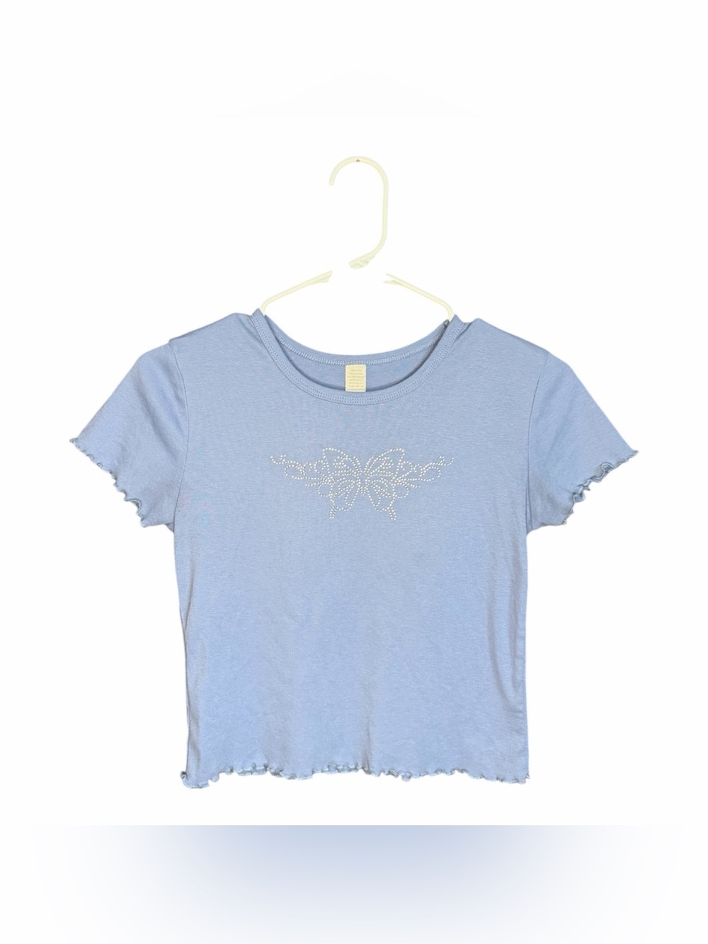 Vintage Baby Tee Light Blue Rhinestone Butterfly Crop Top